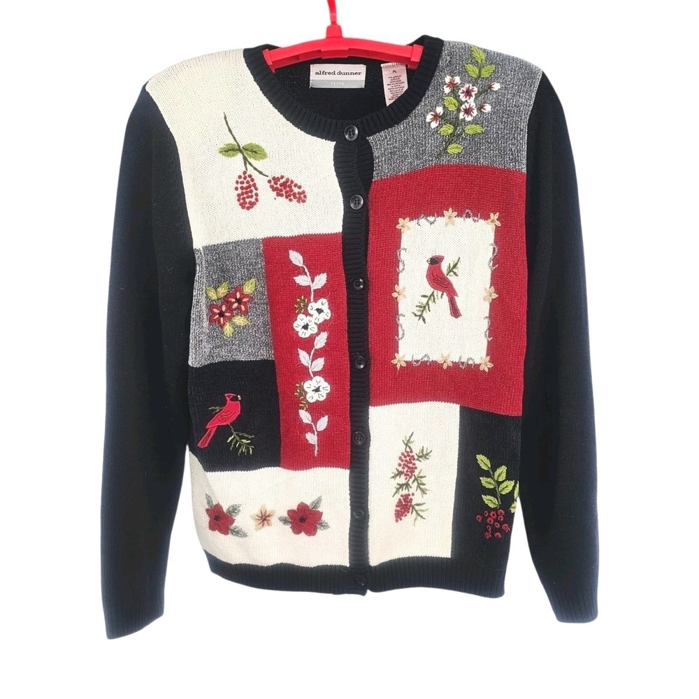 Alfred‎ Dunner Cardinal Floral  Petite Large Christmas Sweater Cardigan Holiday